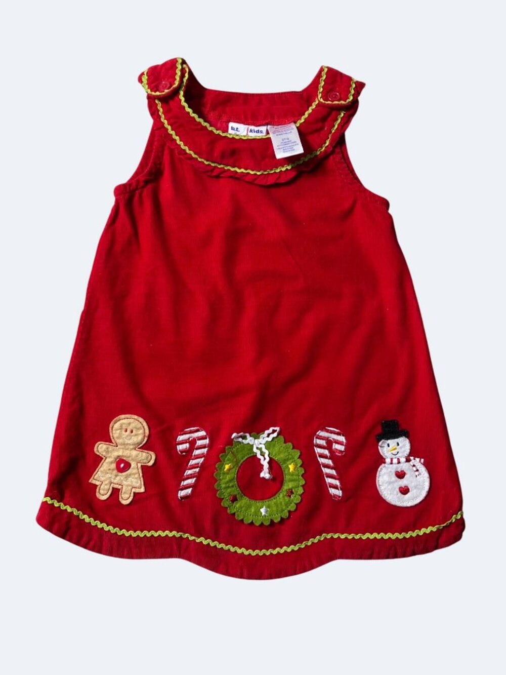 Kids Red Christmas Corduroy Jumper 2T Gingerbread Wreath and Snowman Appliques